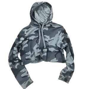 Hollister Crop Top Hoodie Womens Large Black Gray Camo Sweatshirt Long Sleeve